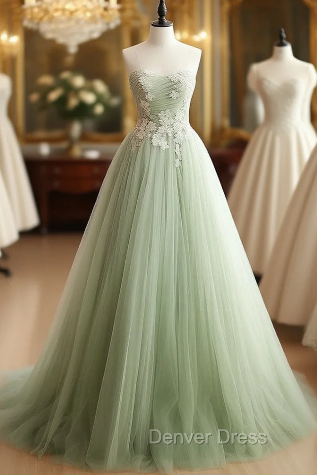 A-Line Sweetheart Neck Tulle Lace Applique Green Long Prom Dresses, Green Formal Dresses