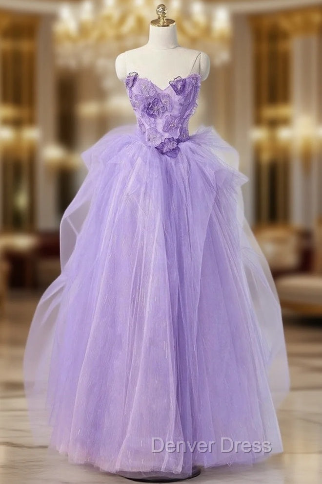 A Line Sweetheart Neck Tulle Lace Applique Purple Long Prom Dress, Purple Prom Dresses