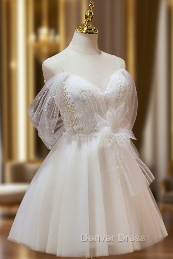 A Line Sweetheart Neck Tulle Lace Beige Short Prom Dresses,  Puffy Cute Homecoming Dresses Main image