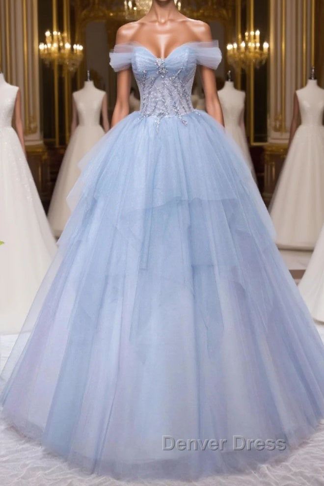A Line Sweetheart Neck Tulle Lace Blue Long Prom Dress, Blue Prom Dresses