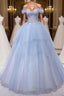 A Line Sweetheart Neck Tulle Lace Blue Long Prom Dress, Blue Prom Dresses