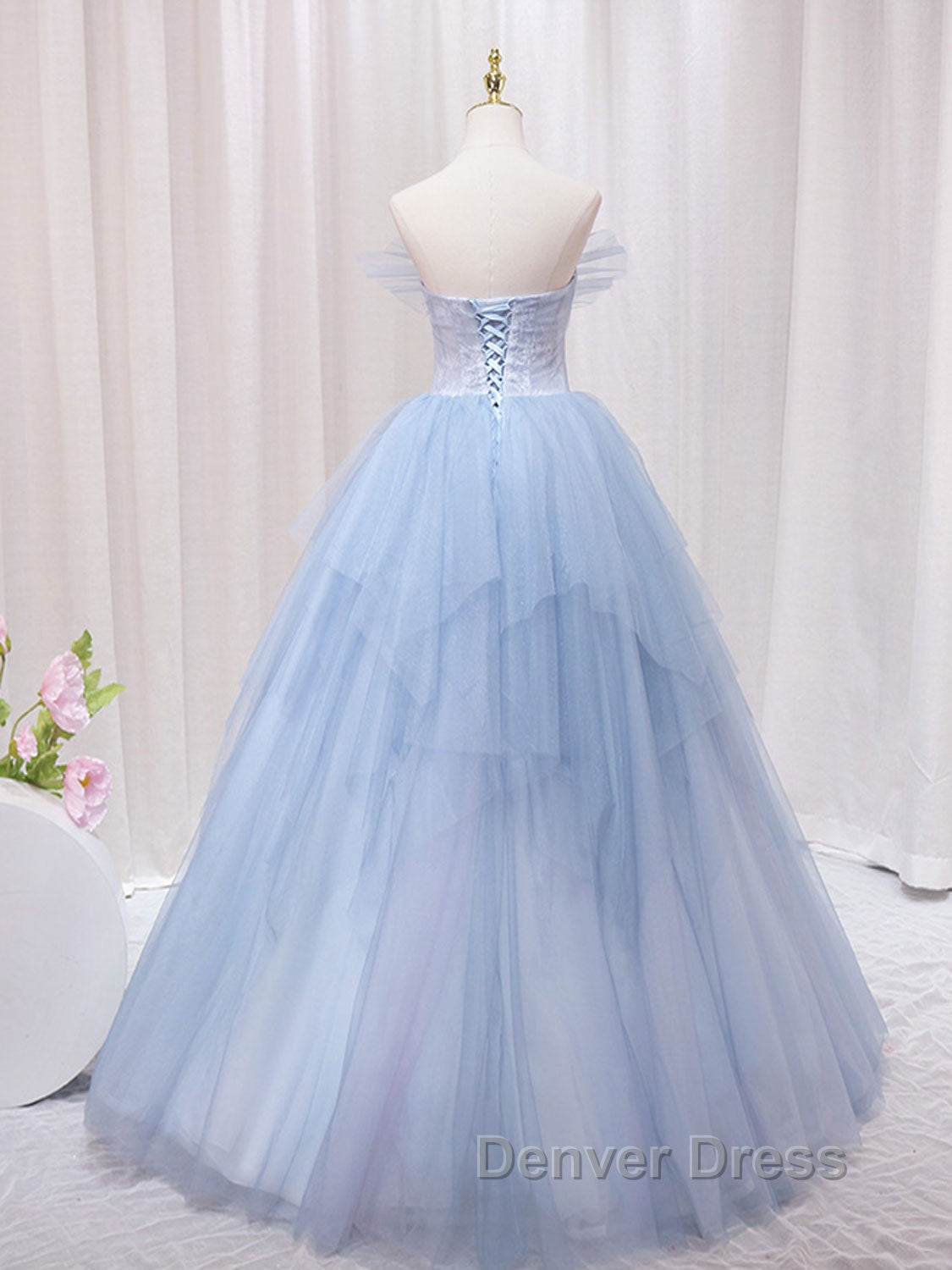 A Line Sweetheart Neck Tulle Lace Blue Long Prom Dress, Blue Prom Dresses Secondary image