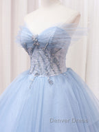 A Line Sweetheart Neck Tulle Lace Blue Long Prom Dress, Blue Prom Dresses