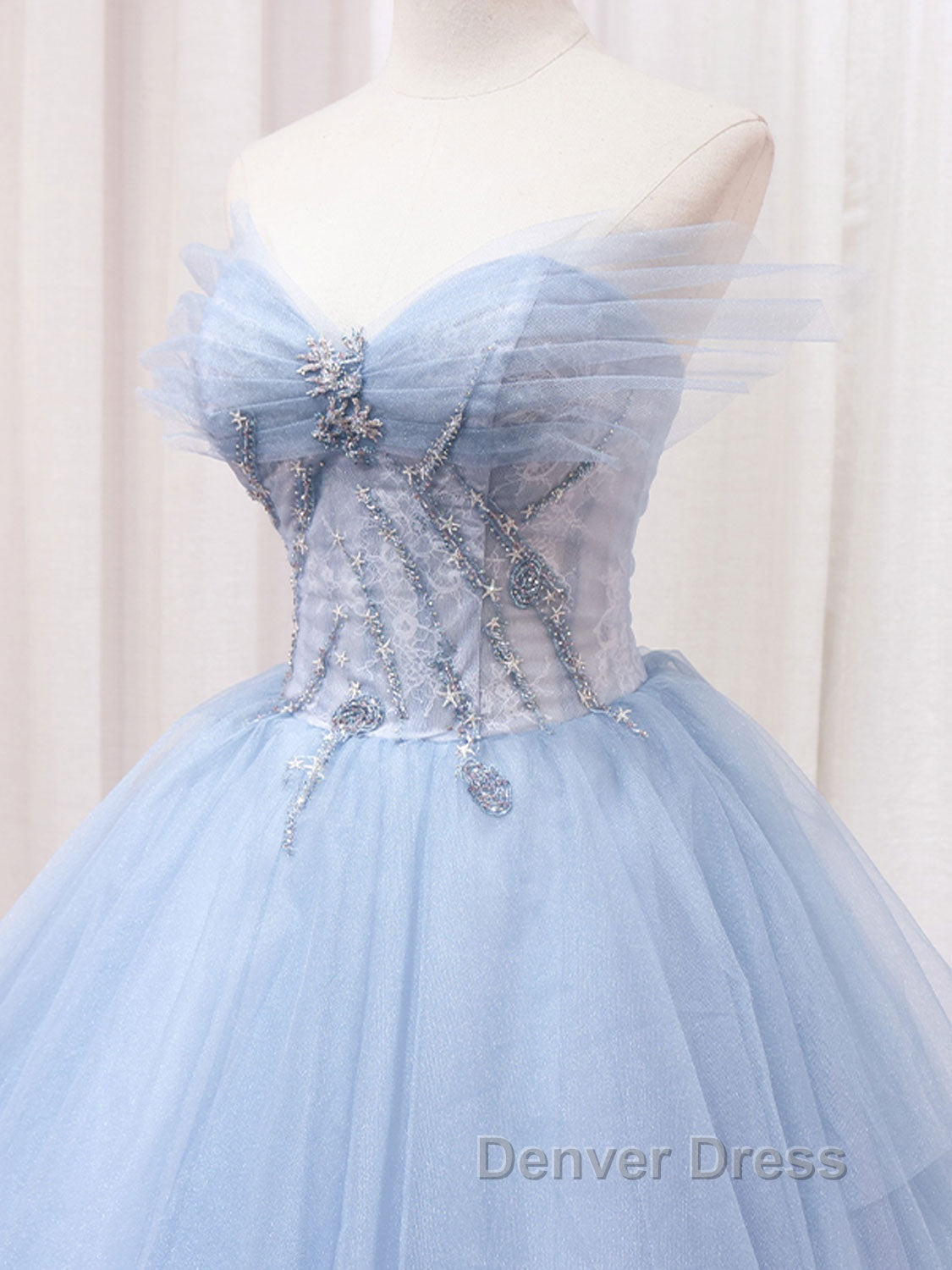A Line Sweetheart Neck Tulle Lace Blue Long Prom Dress, Blue Prom Dresses