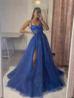 A-Line Sweetheart Neckline Tulle Lace Blue Long Ball Gowns Women'S Prom Dresses