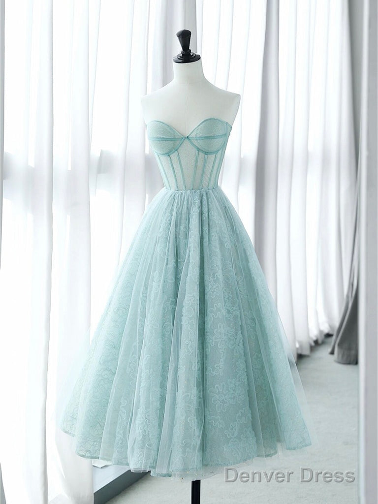 A-Line Sweetheart Neck Tulle Lace Blue Short Prom Dress, Blue Formal Dress Main image