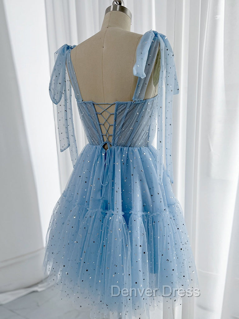 A-Line Sweetheart Neck Tulle Lace Blue Short Prom Dresses, Blue Homecoming Dresses Secondary image