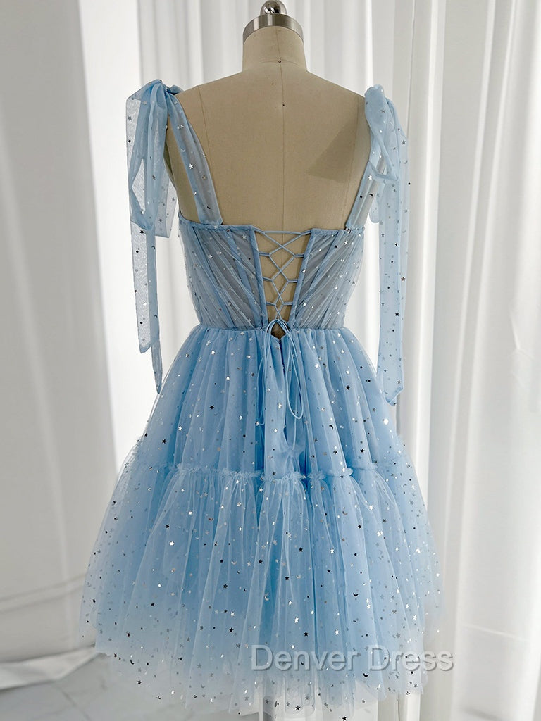 A-Line Sweetheart Neck Tulle Lace Blue Short Prom Dresses, Blue Homecoming Dresses