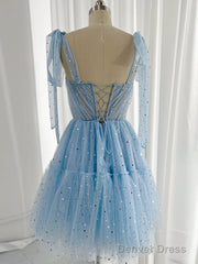 A-Line Sweetheart Neck Tulle Lace Blue Short Prom Dress, Blue Homecoming Dress