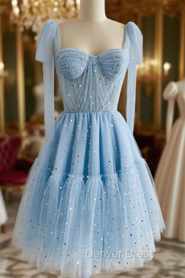 A-Line Sweetheart Neck Tulle Lace Blue Short Prom Dresses, Blue Homecoming Dresses Main image