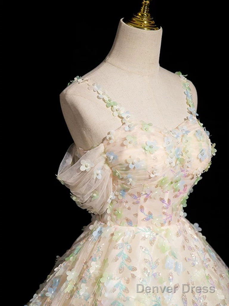 A Line Sweetheart Neck Tulle Lace Champagne Long Prom Dresses Secondary image