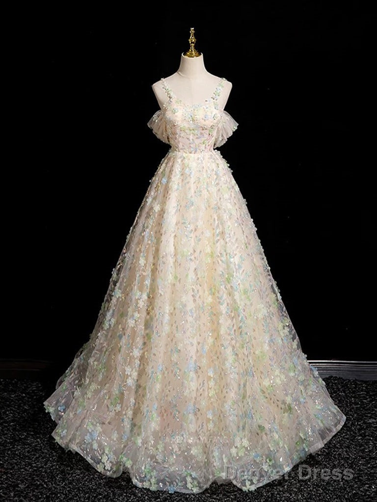 A Line Sweetheart Neck Tulle Lace Champagne Long Prom Dresses Main image