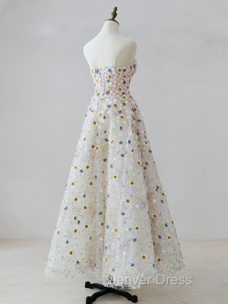 A Line Sweetheart Neck Tulle Lace Flower Beige Long Prom Dress, Beige Long Prom Dresses