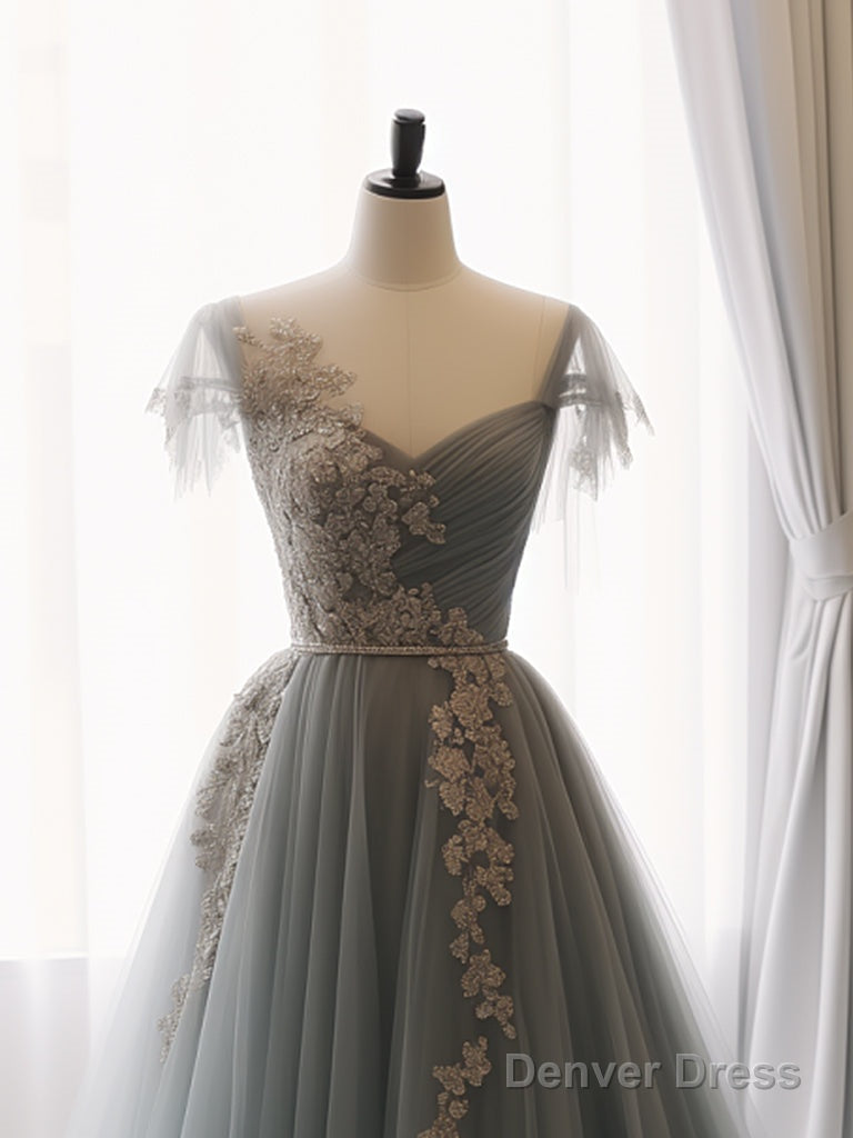 A Line Sweetheart Neck Tulle Lace Gray Blue Long Prom Dress Elegant Secondary image