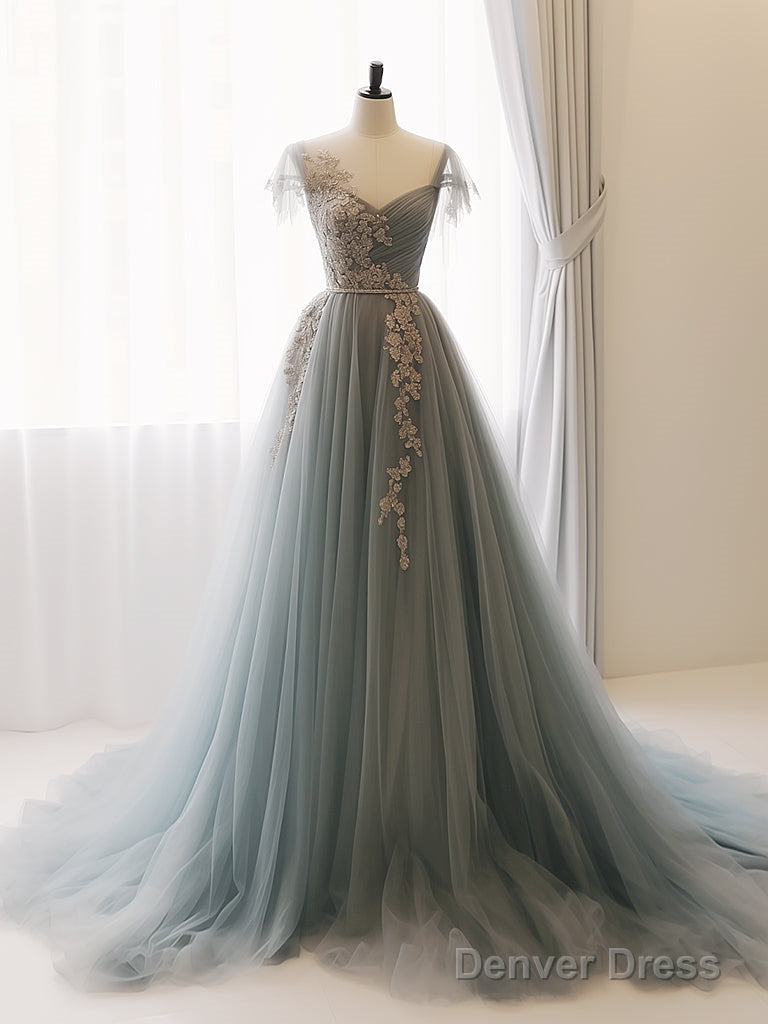 A Line Sweetheart Neck Tulle Lace Gray Blue Long Prom Dress Elegant Main image