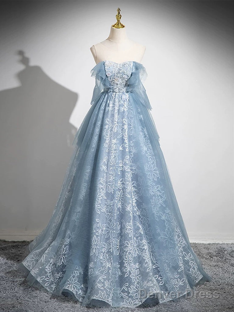 A-Line Sweetheart Neck Tulle Lace Gray Blue Long Prom Dress, Gray Blue Evening Dress Main image