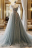 A-Line Sweetheart Neck Tulle Lace Gray Blue Long Prom Dresses, Gray Blue Formal Dresses