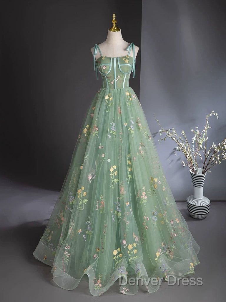A Line Sweetheart Neck Tulle Lace Green Long Prom Dresses Secondary image