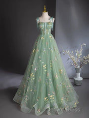 A-Line Sweetheart Neck Tulle Lace Green Long Prom Dresses