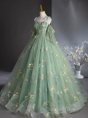 A-Line Sweetheart Neck Tulle Lace Green Long Prom Dresses
