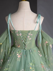 A-Line Sweetheart Neck Tulle Lace Green Long Prom Dresses