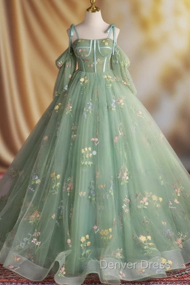 A Line Sweetheart Neck Tulle Lace Green Long Prom Dresses Main image