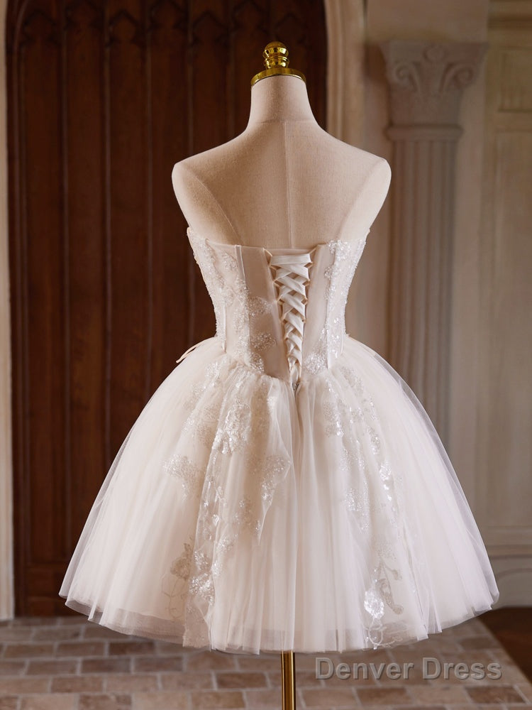 A Line Sweetheart Neck Tulle Lace Light Champagne Short Prom Dresses Secondary image