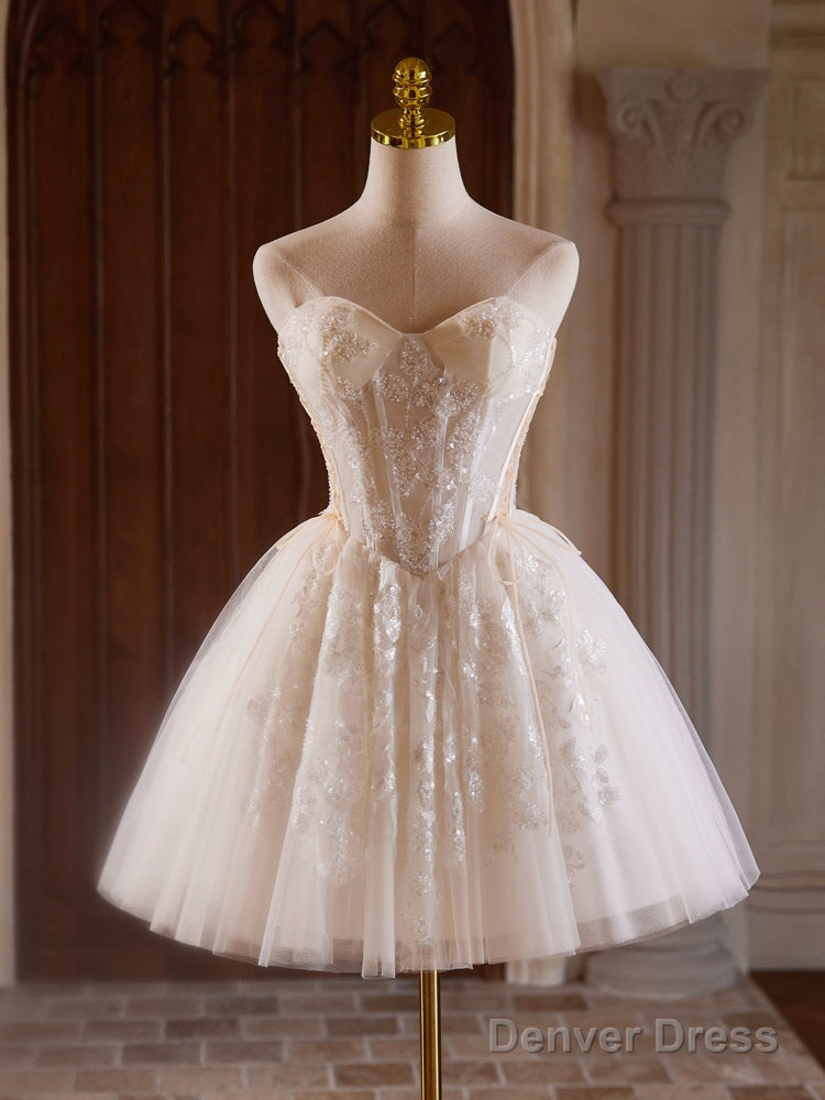 A Line Sweetheart Neck Tulle Lace Light Champagne Short Prom Dresses Main image