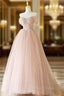 A-Line Sweetheart Neck Tulle Lace Long Pink Prom Dresses, Pink Party Dresses with Beads