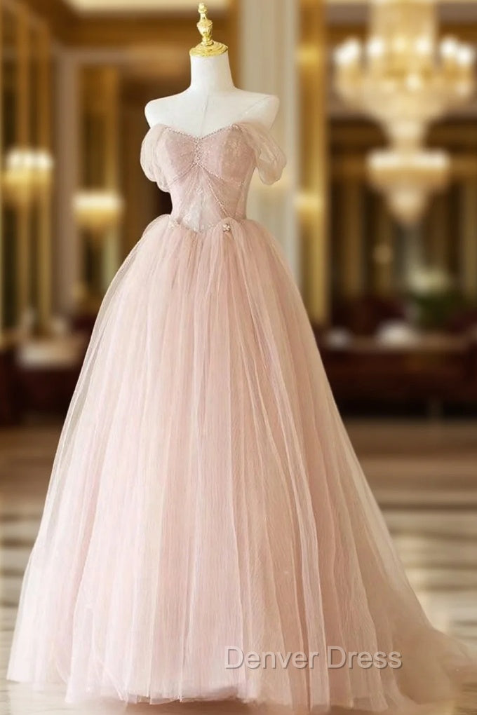A Line Sweetheart Neck Tulle Lace Long Pink Prom Dress, Pink Prom Dresses with Beads Main image