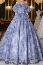 A Line Sweetheart Neck Tulle Lace Long Prom Dress, Blue Sweet 16 Dresses