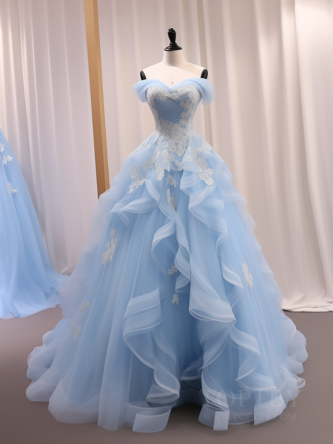 A-Line Sweetheart Neck Tulle Lace Off Shoulder Blue Long Prom Dresses