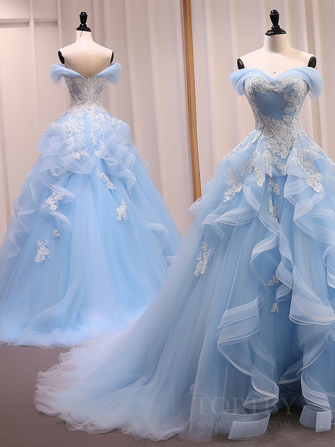 A-Line Sweetheart Neck Tulle Lace Off Shoulder Blue Long Prom Dresses