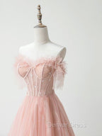 A-Line Sweetheart Neck Tulle Lace Pink Long Prom Dresses, Pink Formal Dresses