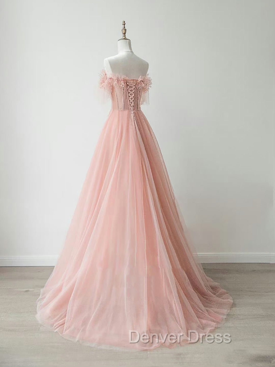 A-Line Sweetheart Neck Tulle Lace Pink Long Prom Dresses, Pink Formal Dresses Secondary image