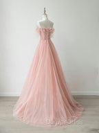 A-Line Sweetheart Neck Tulle Lace Pink Long Prom Dresses, Pink Formal Dresses