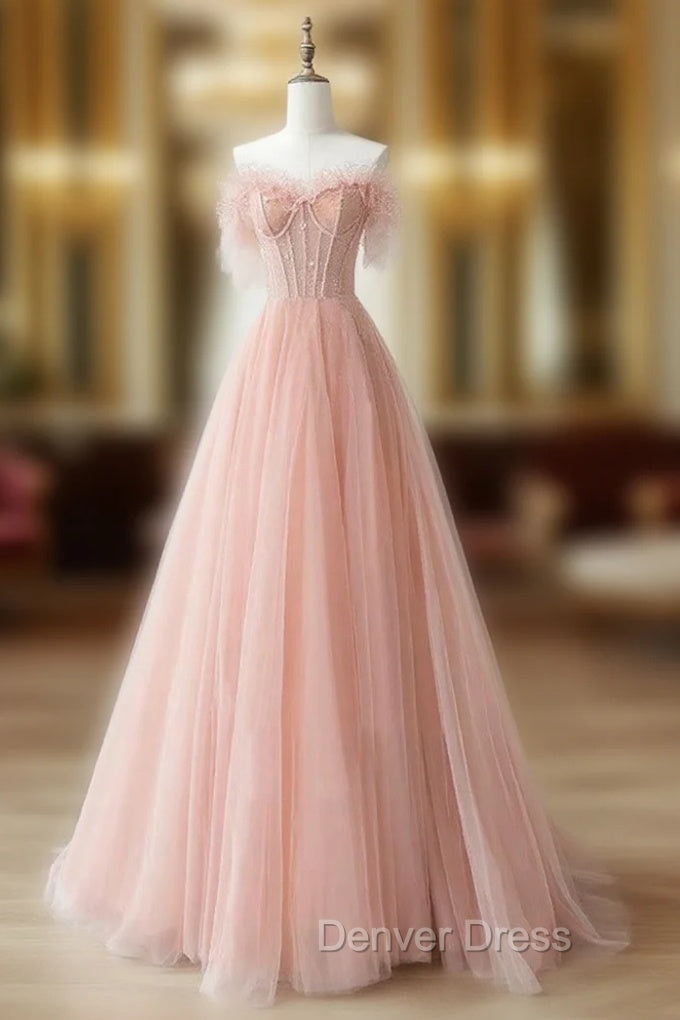 A-Line Sweetheart Neck Tulle Lace Pink Long Prom Dresses, Pink Formal Dresses Main image