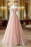 A-Line Sweetheart Neck Tulle Lace Pink Long Prom Dresses, Pink Formal Dresses