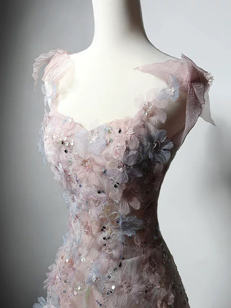 A-Line Sweetheart Neck Tulle Lace Pink Long Prom Dresses, Pink Long Formal Dresses Secondary image