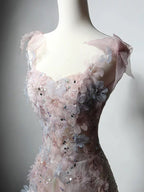 A-Line Sweetheart Neck Tulle Lace Pink Long Prom Dresses, Pink Long Formal Dresses