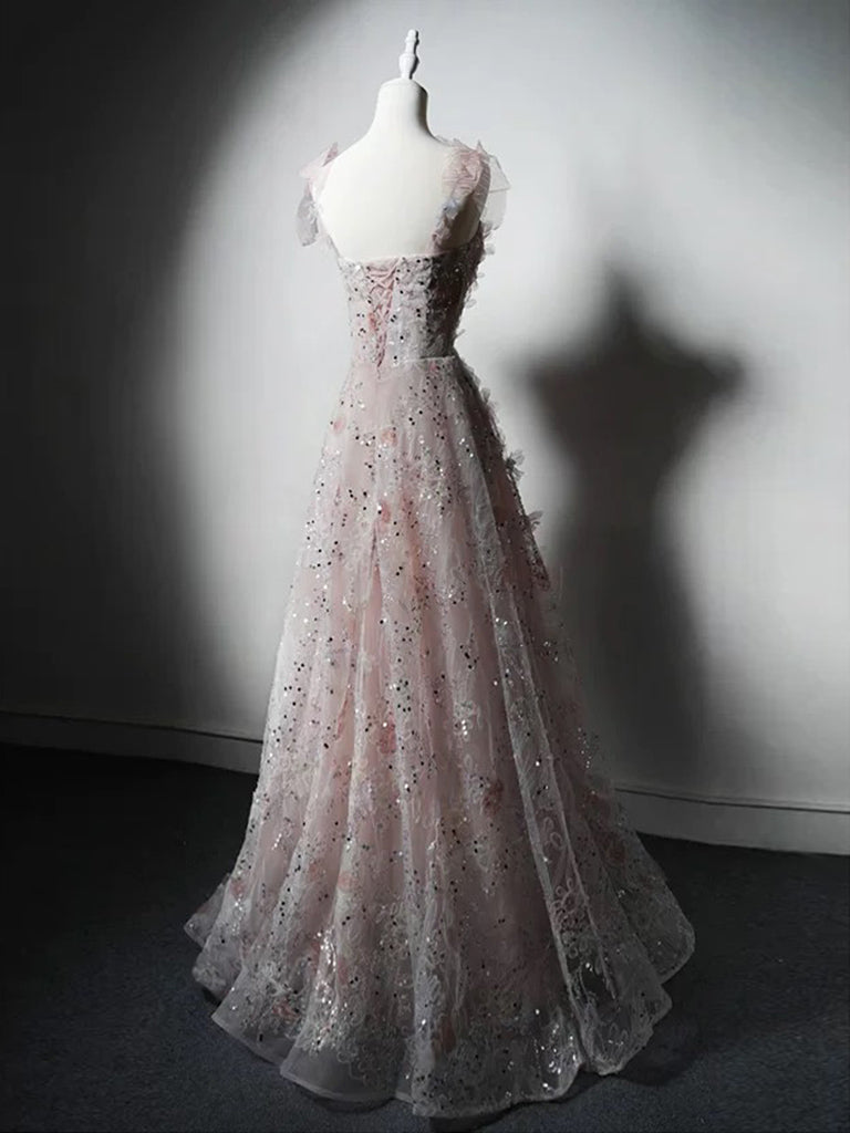 A-Line Sweetheart Neck Tulle Lace Pink Long Prom Dresses, Pink Long Formal Dresses