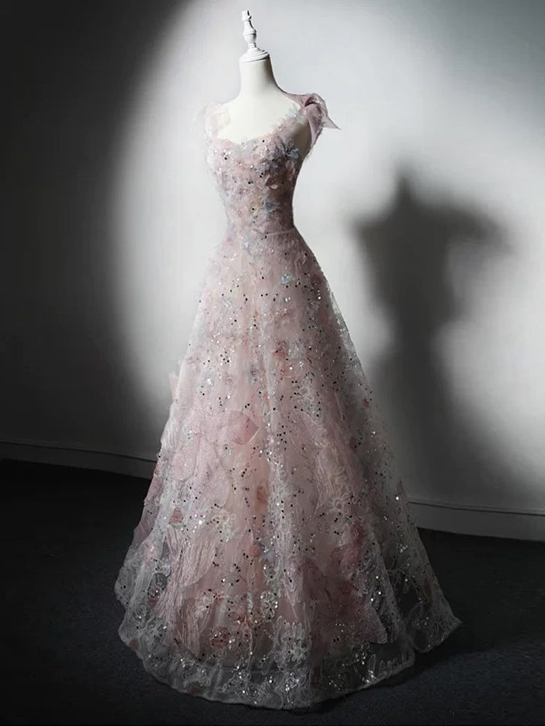 A-Line Sweetheart Neck Tulle Lace Pink Long Prom Dresses, Pink Long Formal Dresses