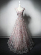 A-Line Sweetheart Neck Tulle Lace Pink Long Prom Dresses, Pink Long Formal Dresses