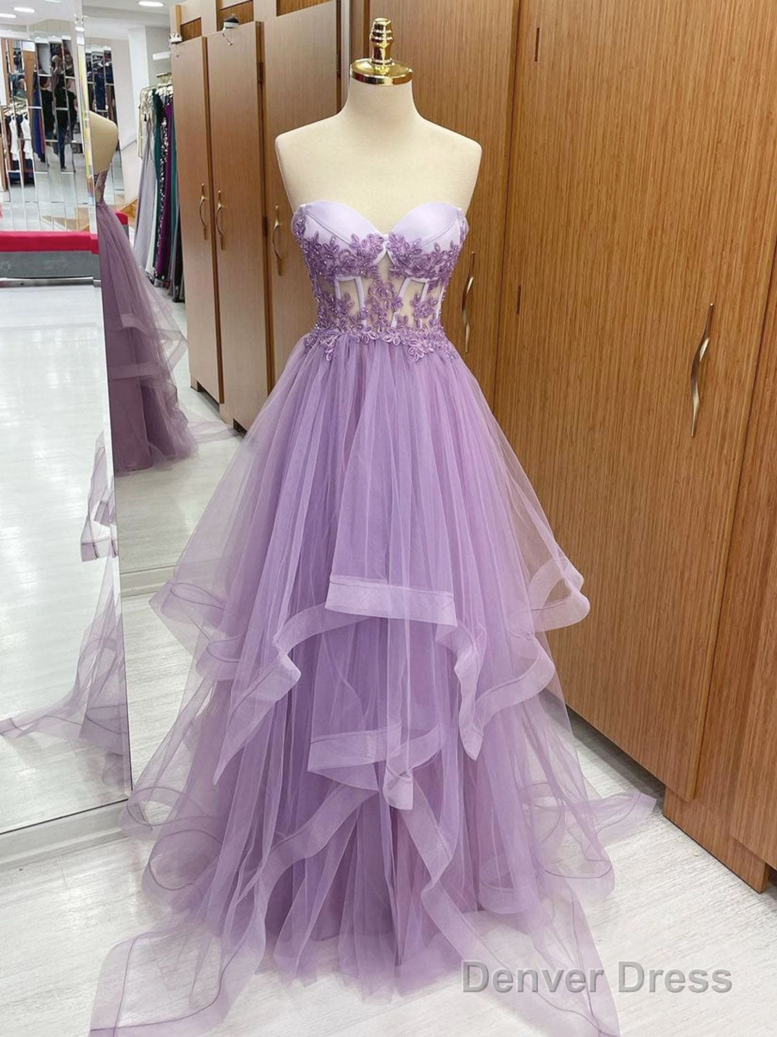 A-Line Sweetheart Neck Tulle Lace Purple Long Prom Dress, Purple Evening Dress Main image