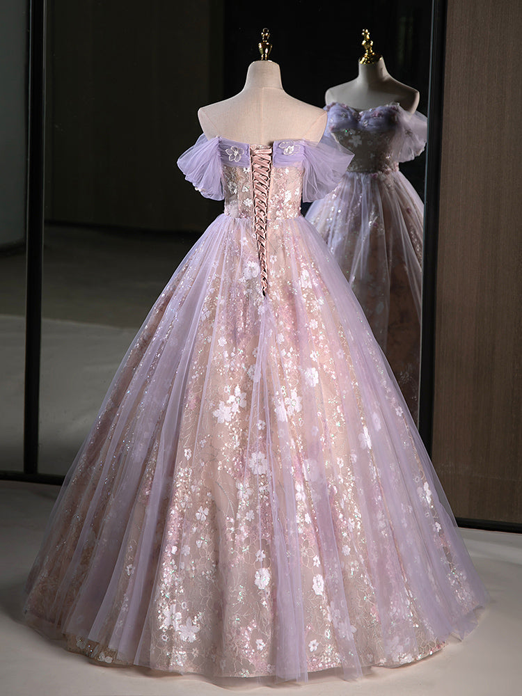 A-Line Sweetheart Neck Tulle Lace Purple Long Prom Dresses, Purple Long Formal Dresses
