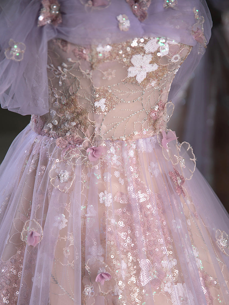 A-Line Sweetheart Neck Tulle Lace Purple Long Prom Dresses, Purple Long Formal Dresses