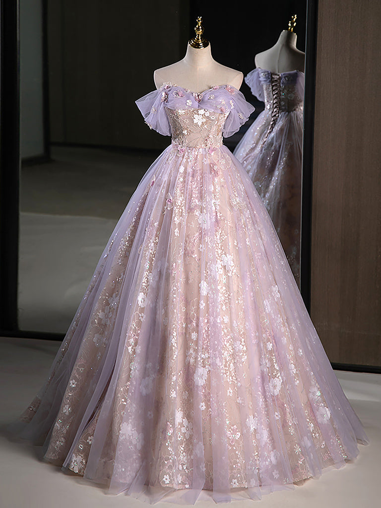 A-Line Sweetheart Neck Tulle Lace Purple Long Prom Dresses, Purple Long Formal Dresses Main image