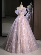 A-Line Sweetheart Neck Tulle Lace Purple Long Prom Dresses, Purple Long Formal Dresses