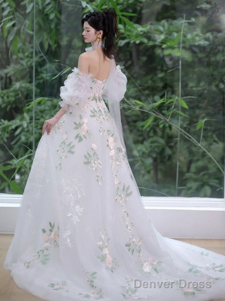 A-Line Sweetheart Neck Tulle Lace White Long Prom Dress, White Long Formal Dress Secondary image