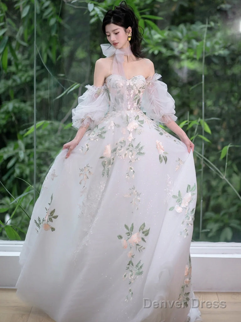 A Line Sweetheart Neck Tulle Lace White Long Prom Dress, White Long Prom Dresses Main image